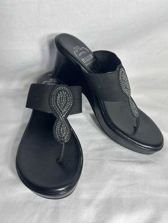 Italian Shoemakers Shoes - Italian Shoemakers Black Rhinestone Wedge Thong Sandals, Size 7 1/2